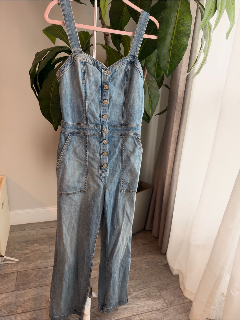 7 For All Mankind Light Blue Denim Button-Front Jumpsuit